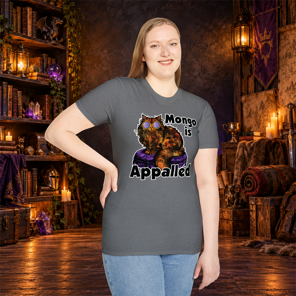 Mongo Is Appalled graphic tee on standing woman