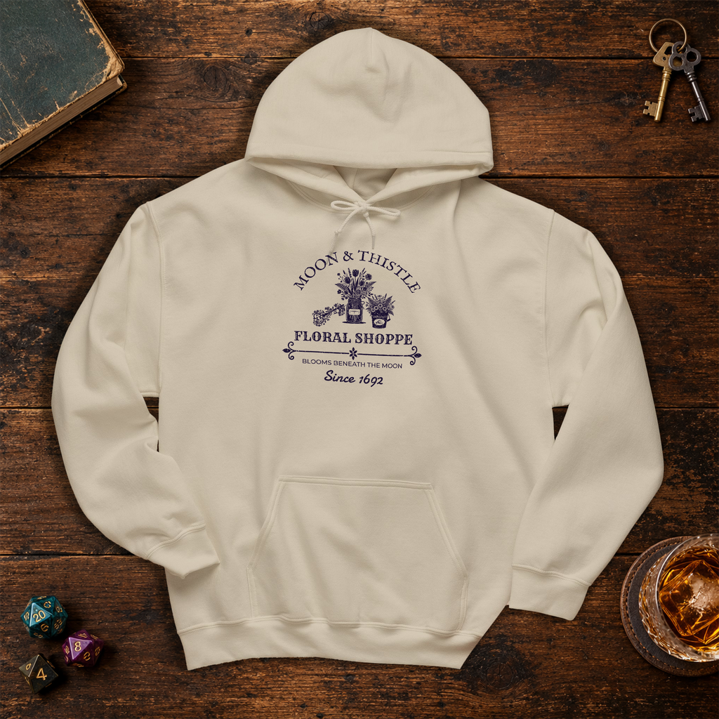 Moon and Thistle hoodie, sand back lay-flat mockup