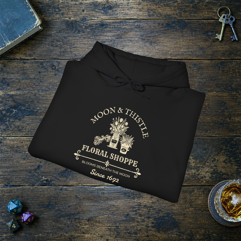 Moon and Thistle hoodie, black folded mockup