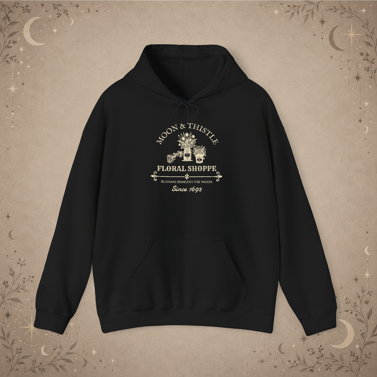 Moon and Thistle hoodie, black, front