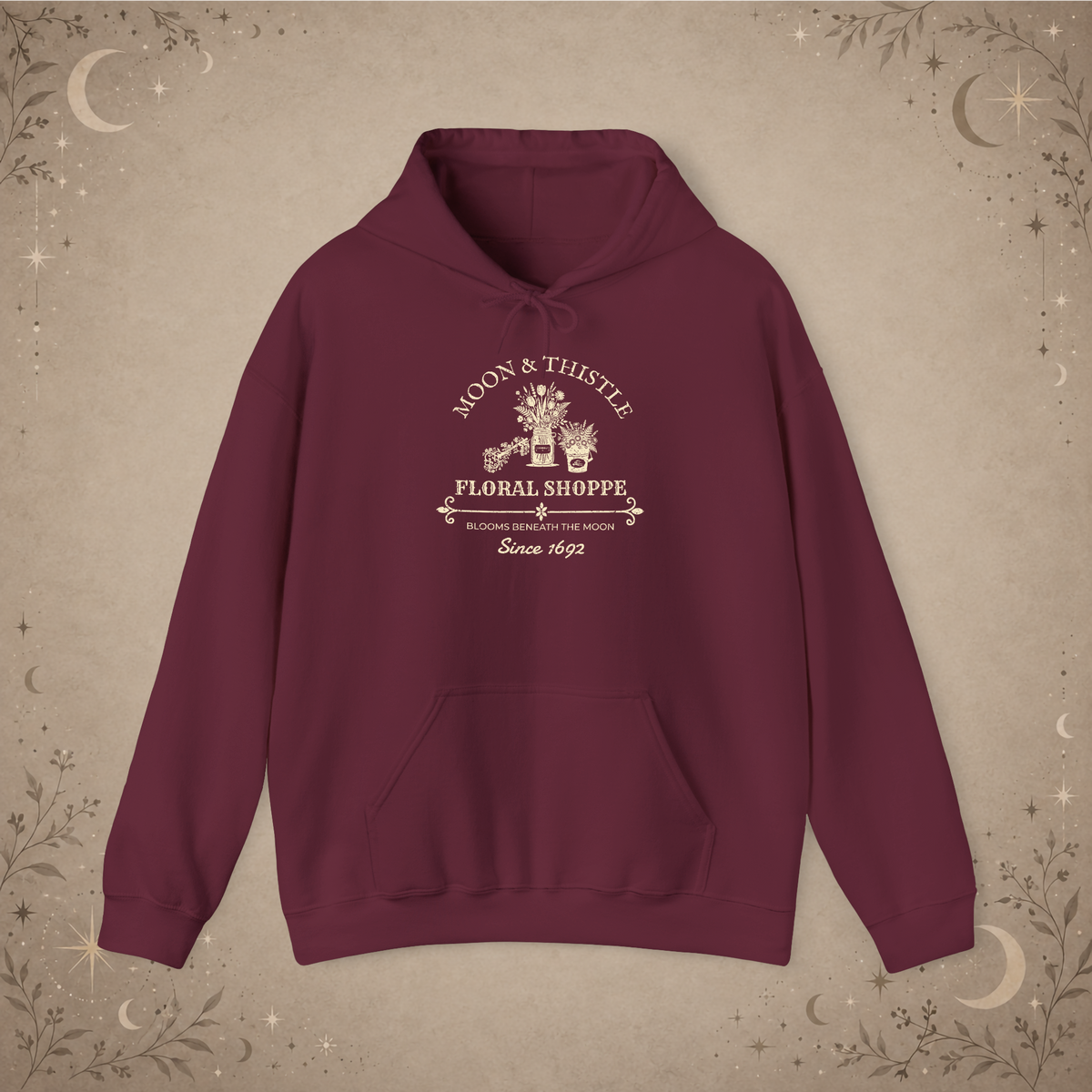 Moon and Thistle hoodie, maroon, front