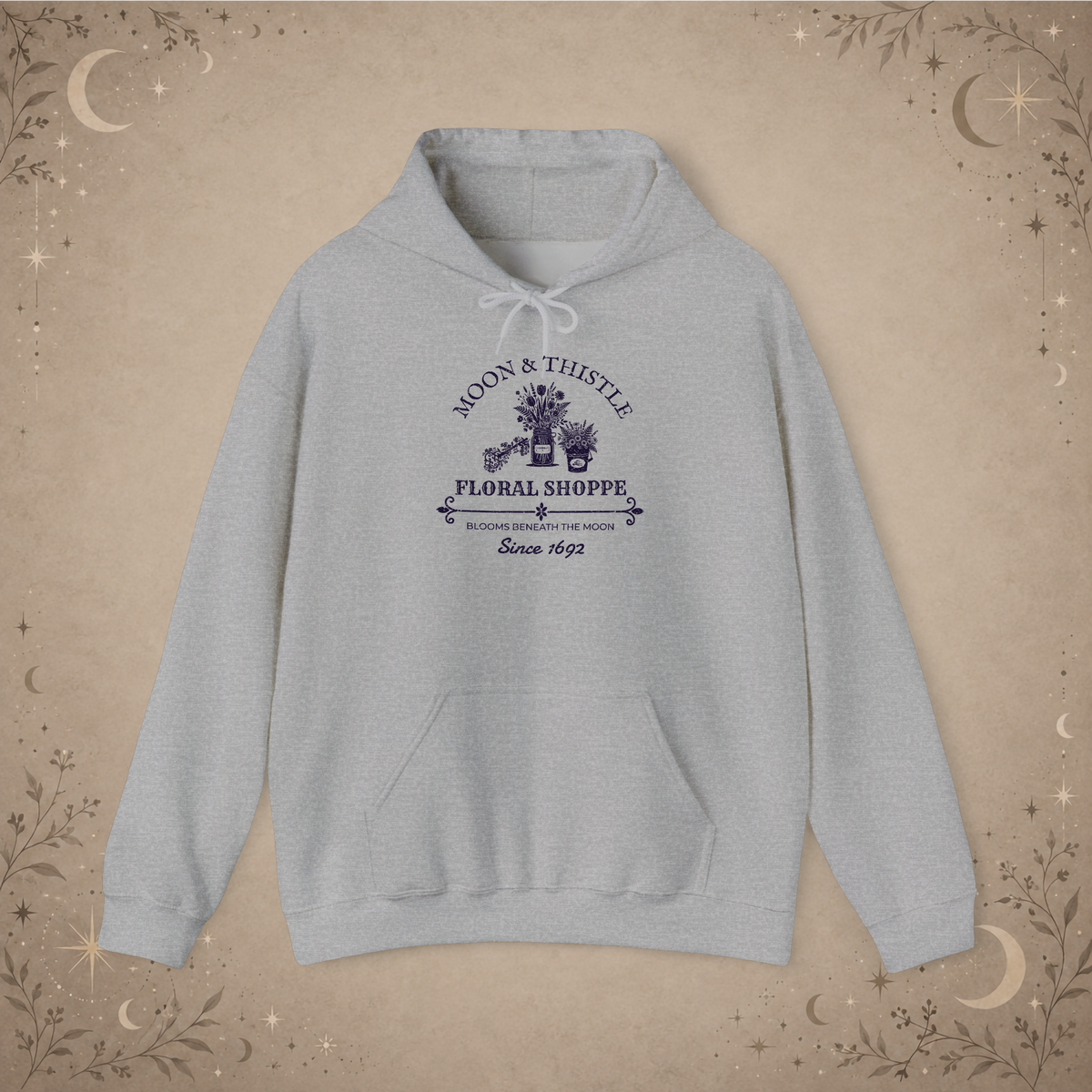 Moon and Thistle hoodie, sport grey, front