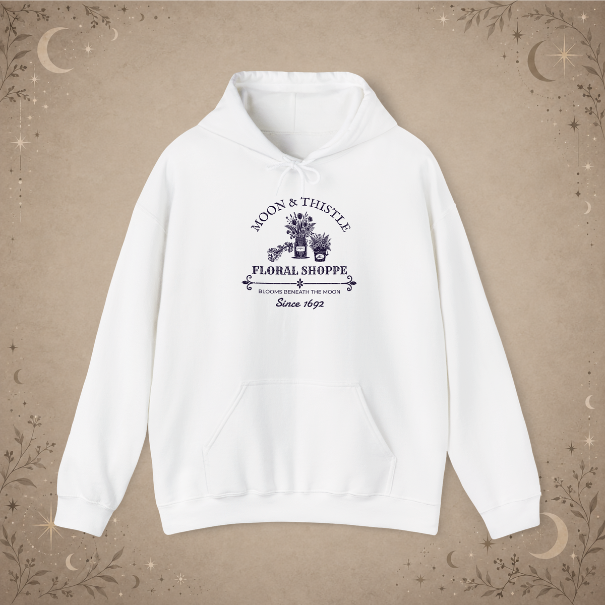 Moon and Thistle hoodie, white, front