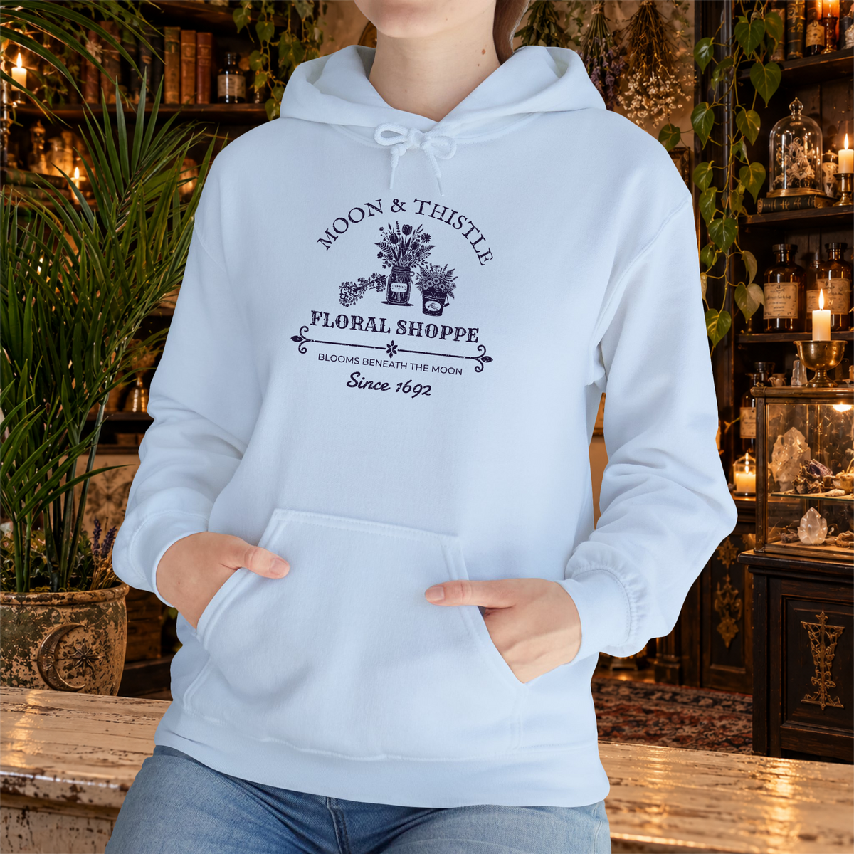 Moon and Thistle hoodie, light blue lifestyle