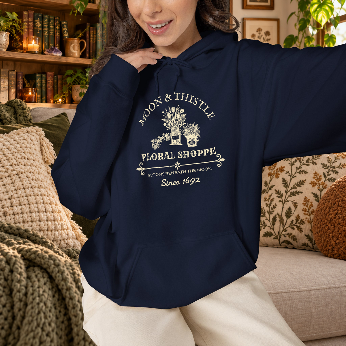 Moon and Thistle hoodie, navy lifestyle
