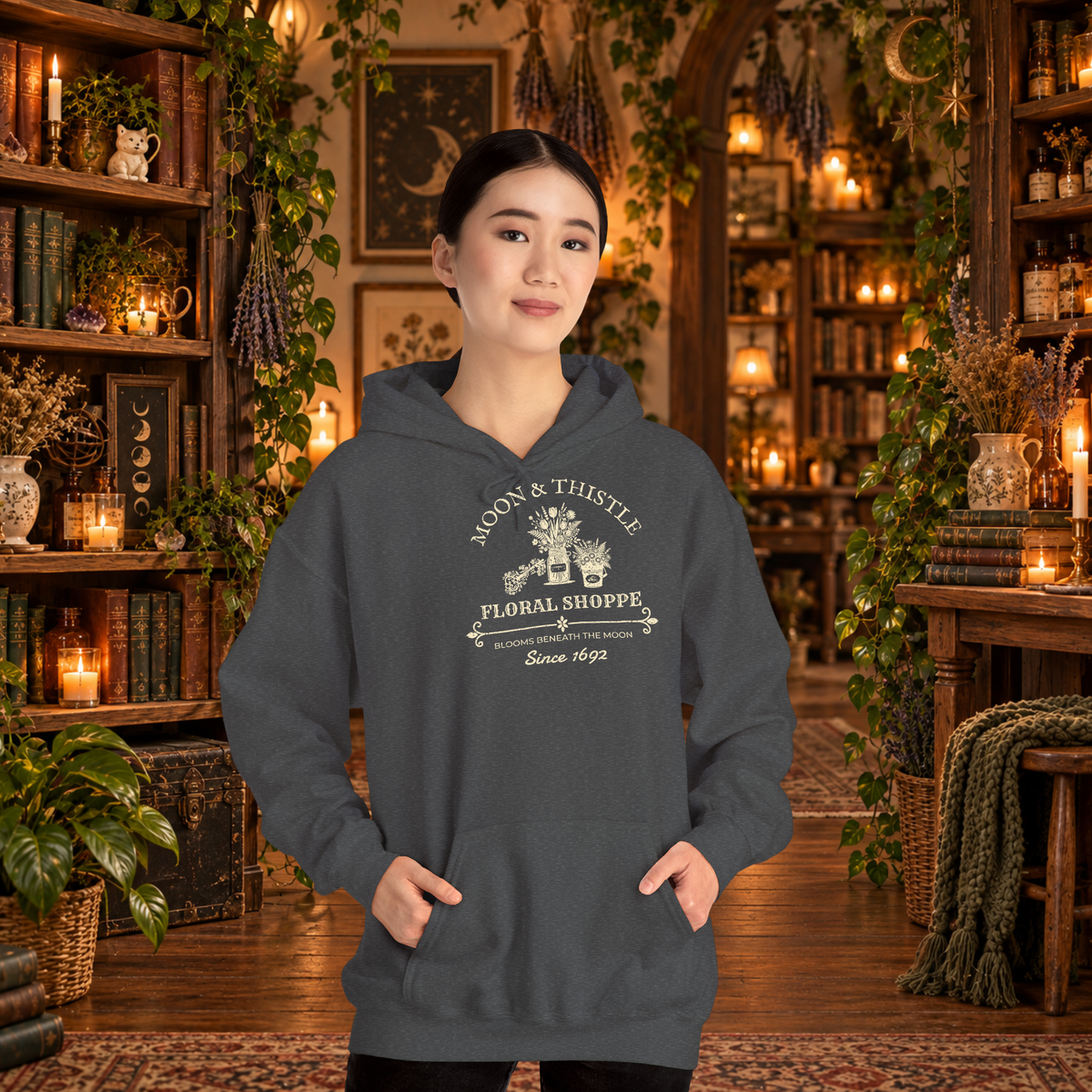 Moon and Thistle hoodie, dark heather model mockup