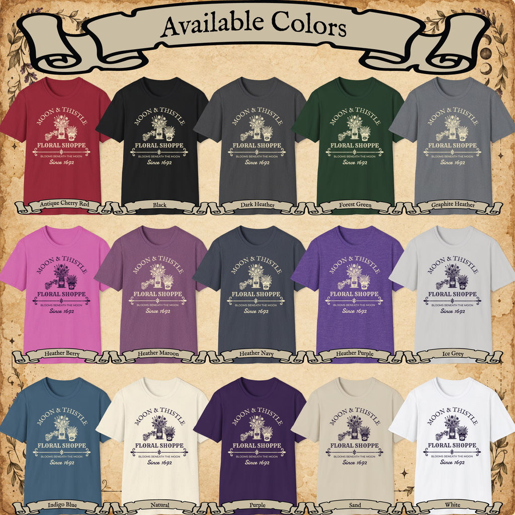 Moon and Thistle graphic tee available colors