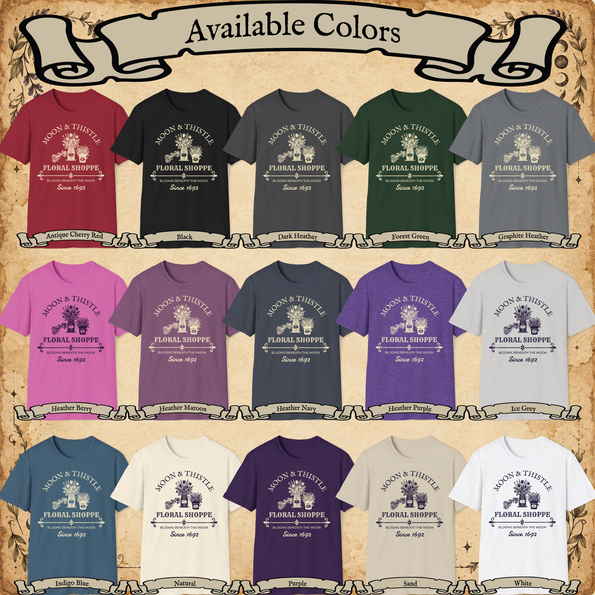 Moon and Thistle graphic tee available colors