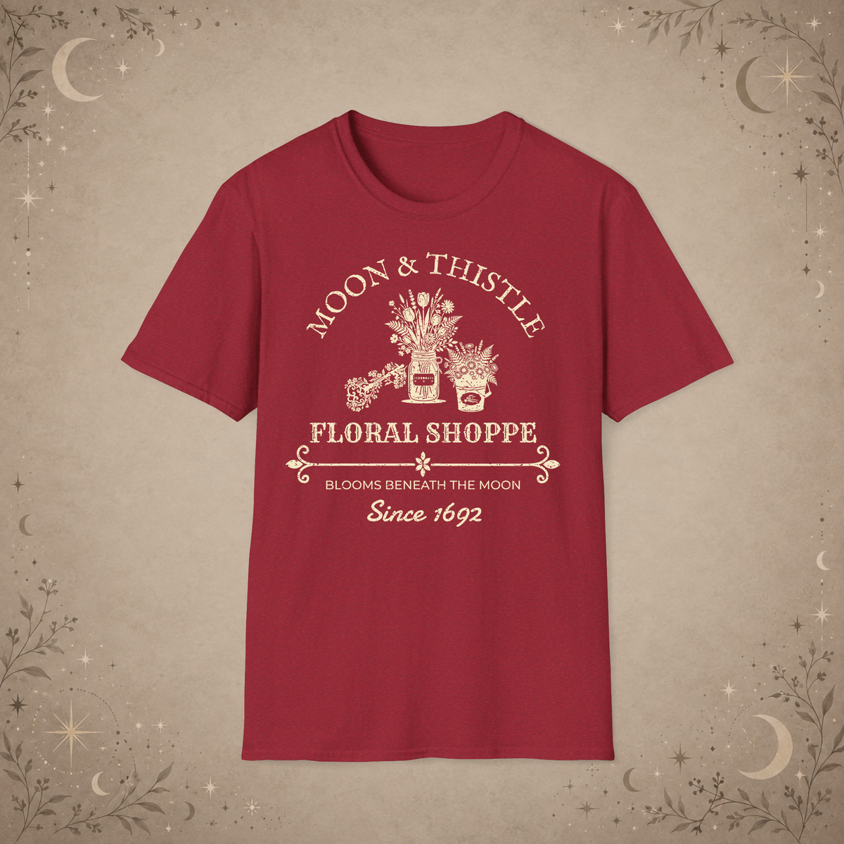 Moon and Thistle graphic tee in Antique Cherry Red