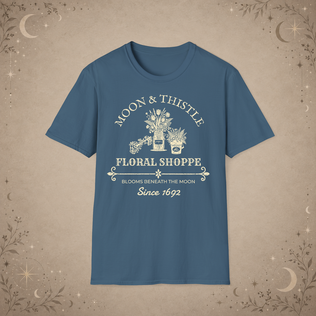 Moon and Thistle graphic tee in Indigo Blue