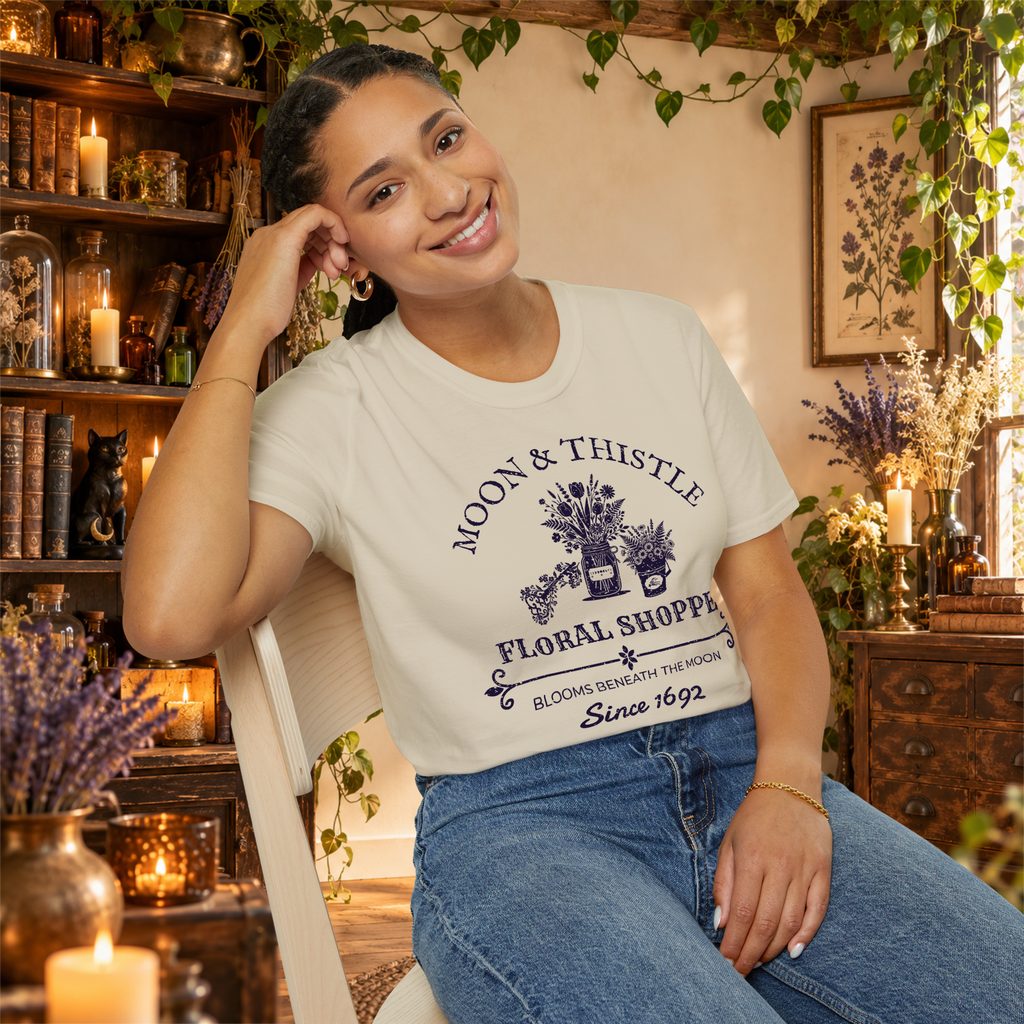 Moon and Thistle graphic tee on seated woman