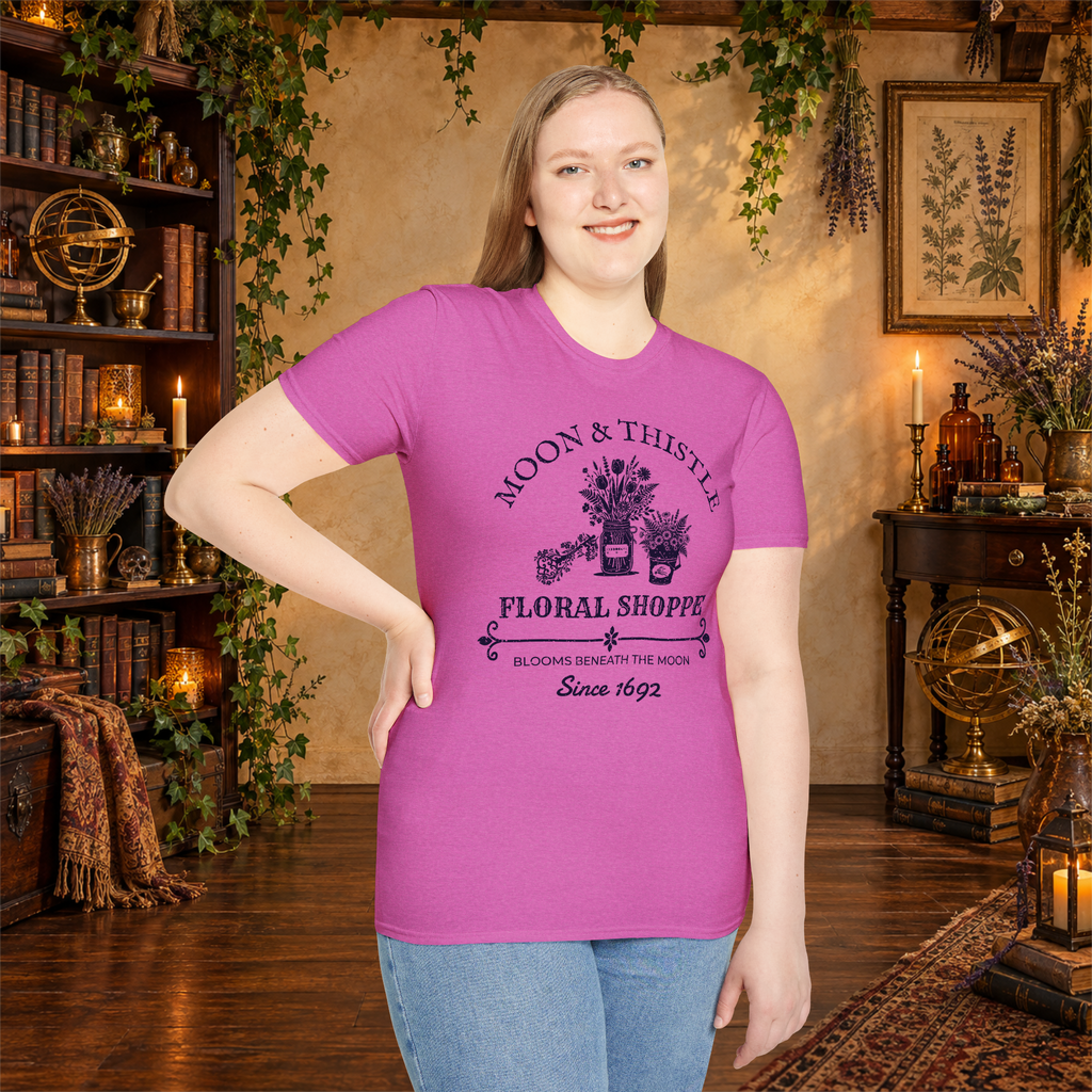 Moon and Thistle graphic tee on standing woman