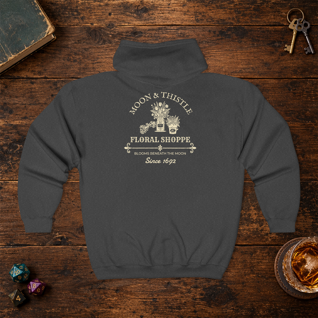 Moon and Thistle full-zip hoodie, dark heather back lay-flat