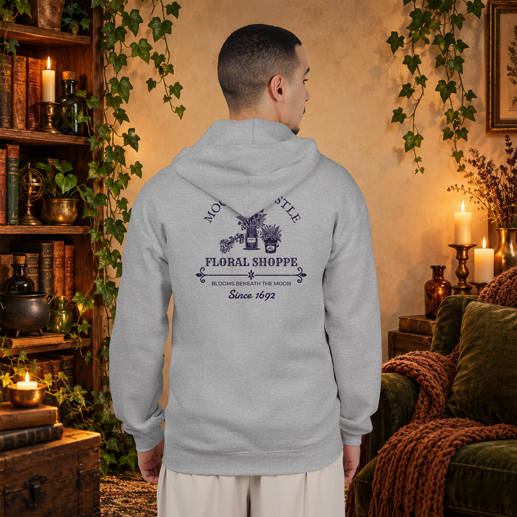 Moon and Thistle full-zip hoodie back view on male model