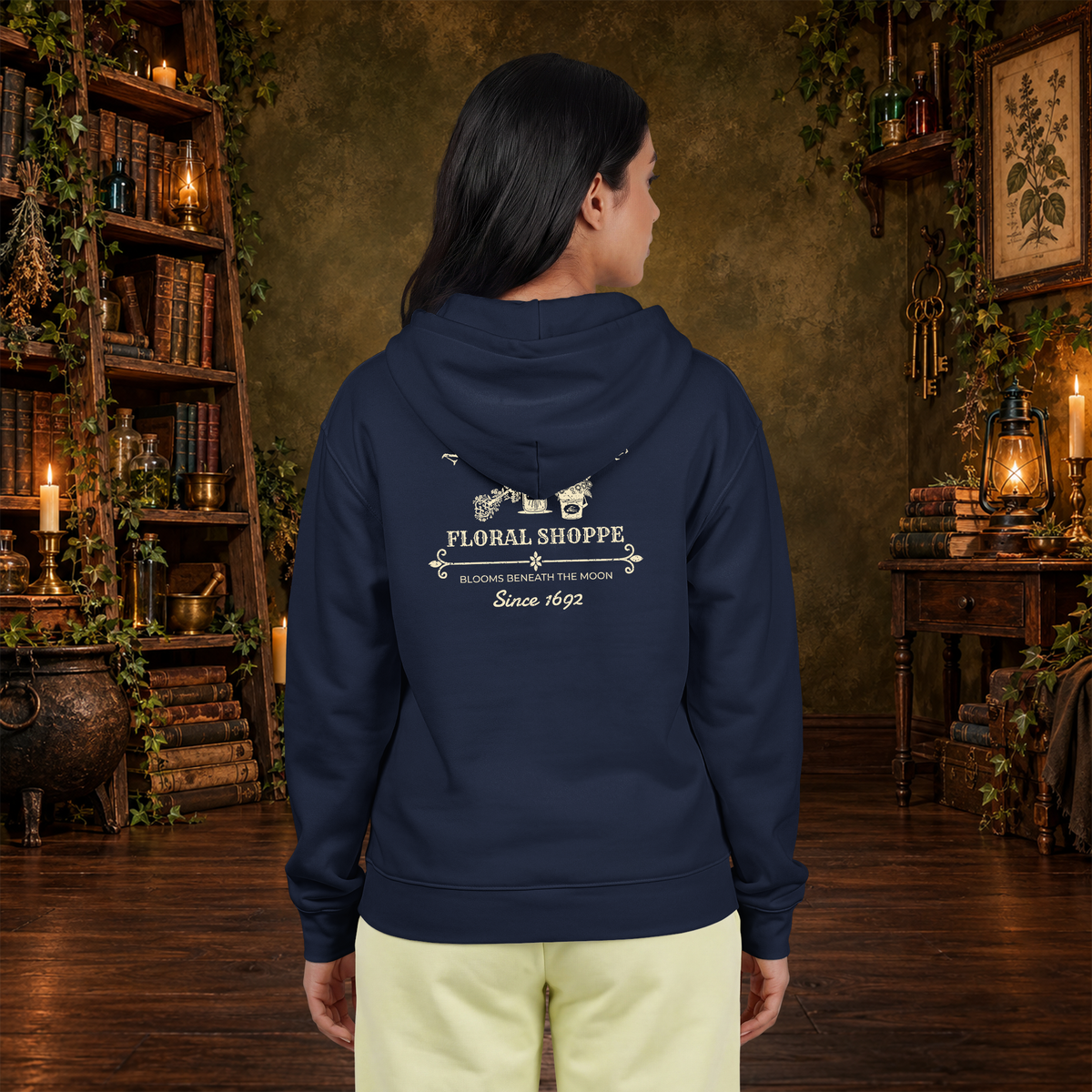 Moon and Thistle full-zip hoodie, navy model back