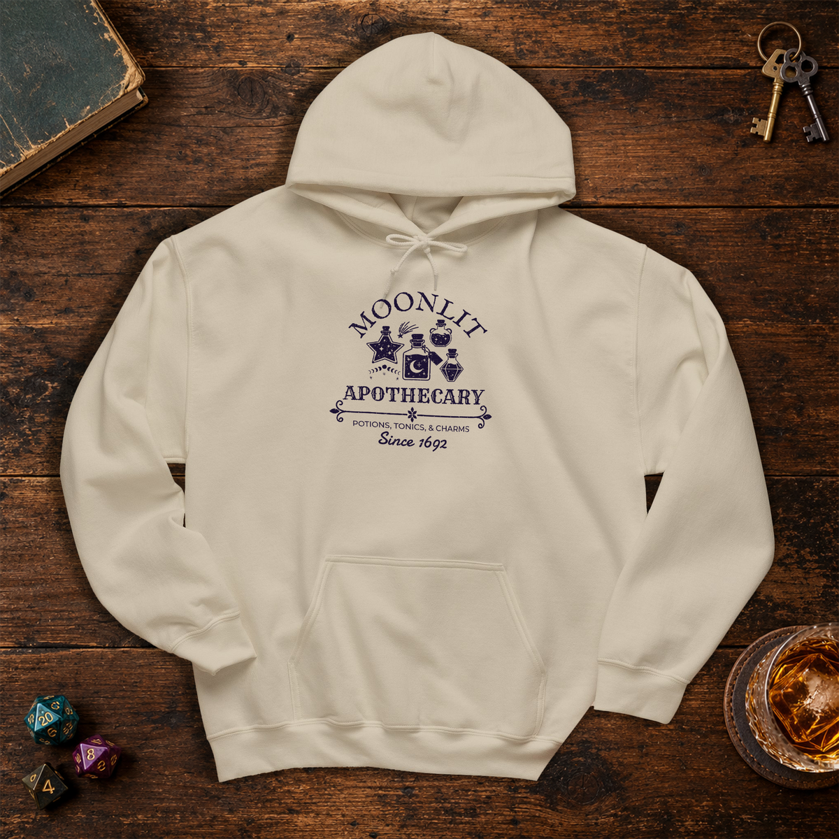 Moonlit Apothecary hoodie in sand, back lay-flat mockup