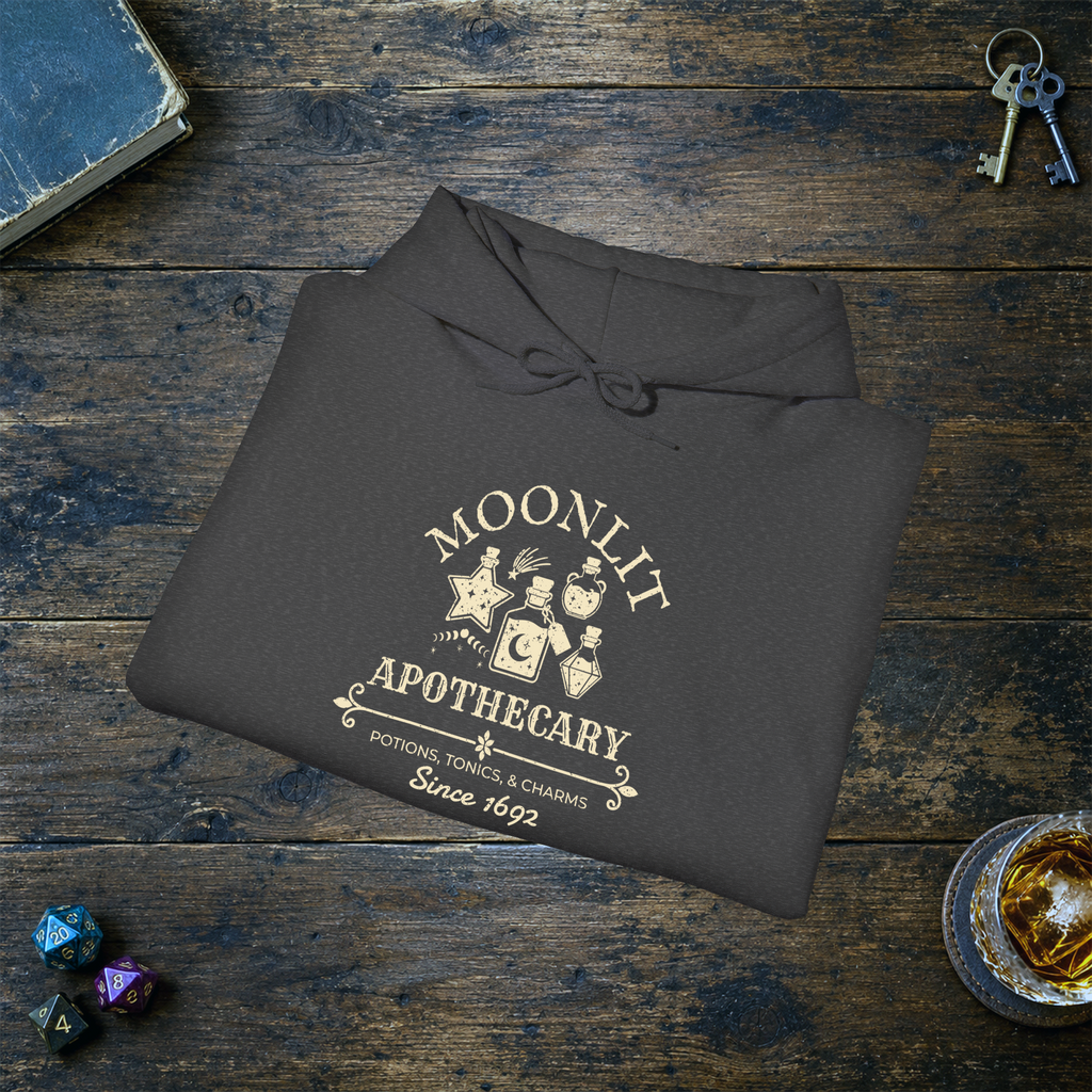 Moonlit Apothecary hoodie in dark heather, folded mockup