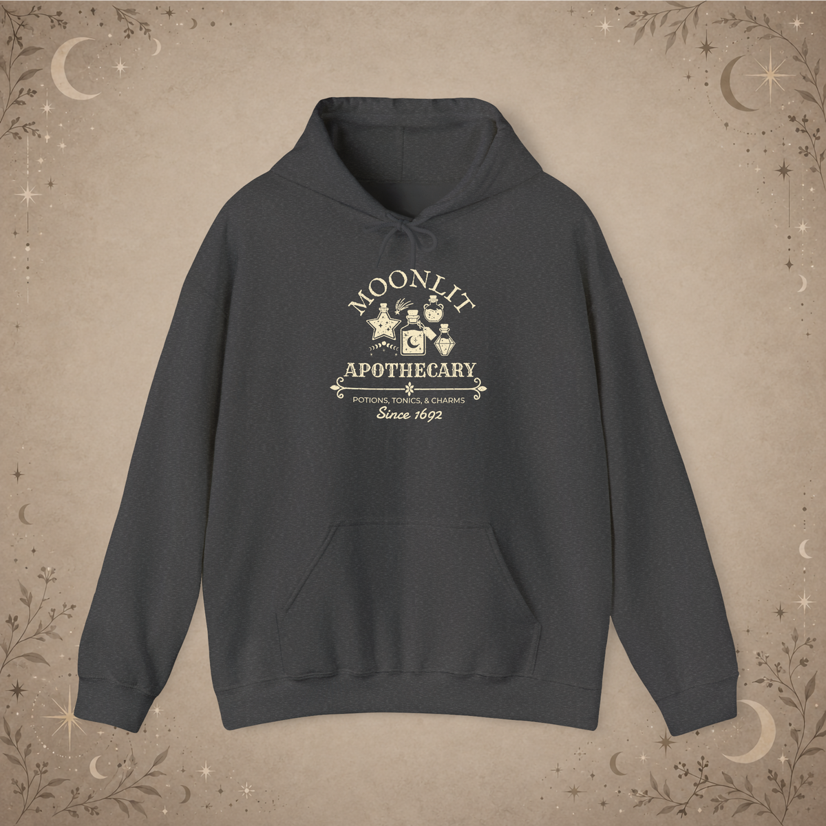 Moonlit Apothecary hoodie in dark heather, front view