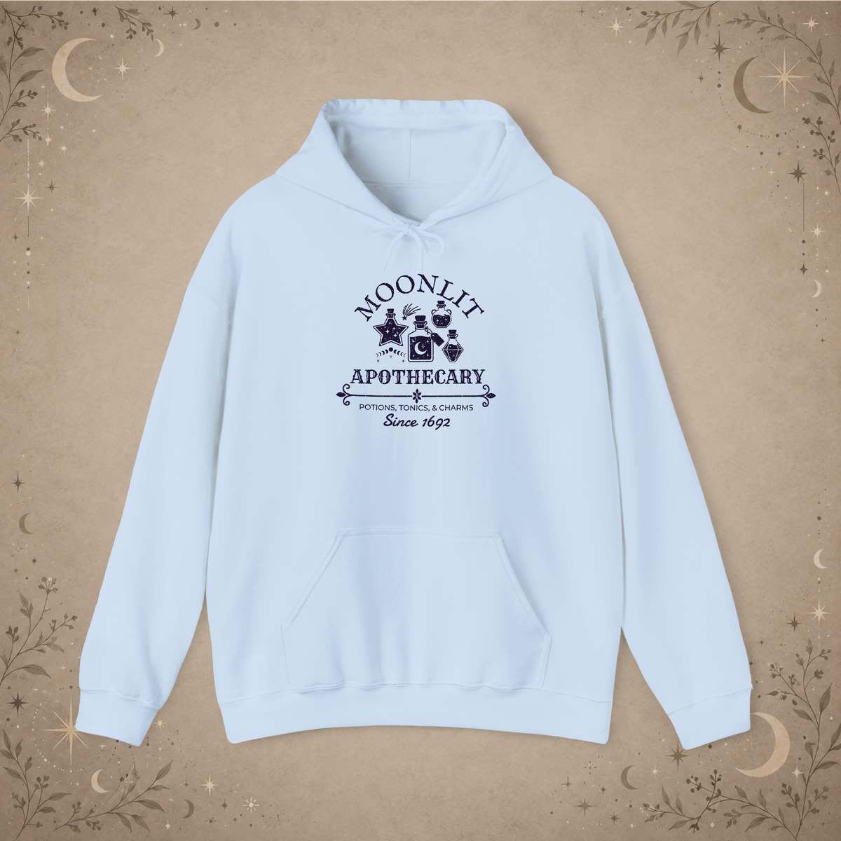 Moonlit Apothecary hoodie in light blue, front view