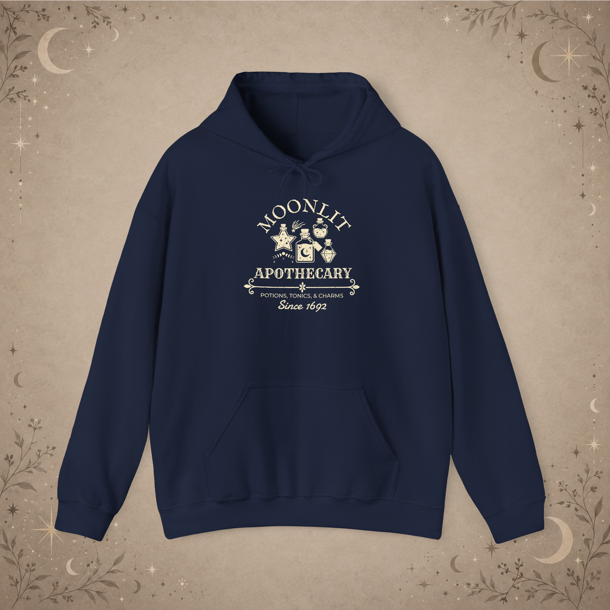 Moonlit Apothecary hoodie in navy, front view
