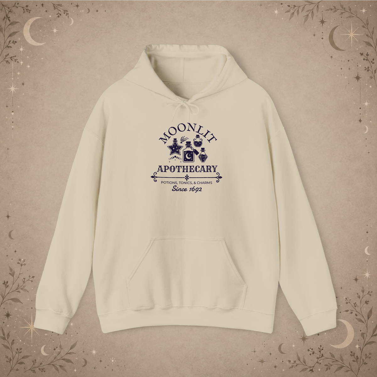 Moonlit Apothecary hoodie in sand, front view