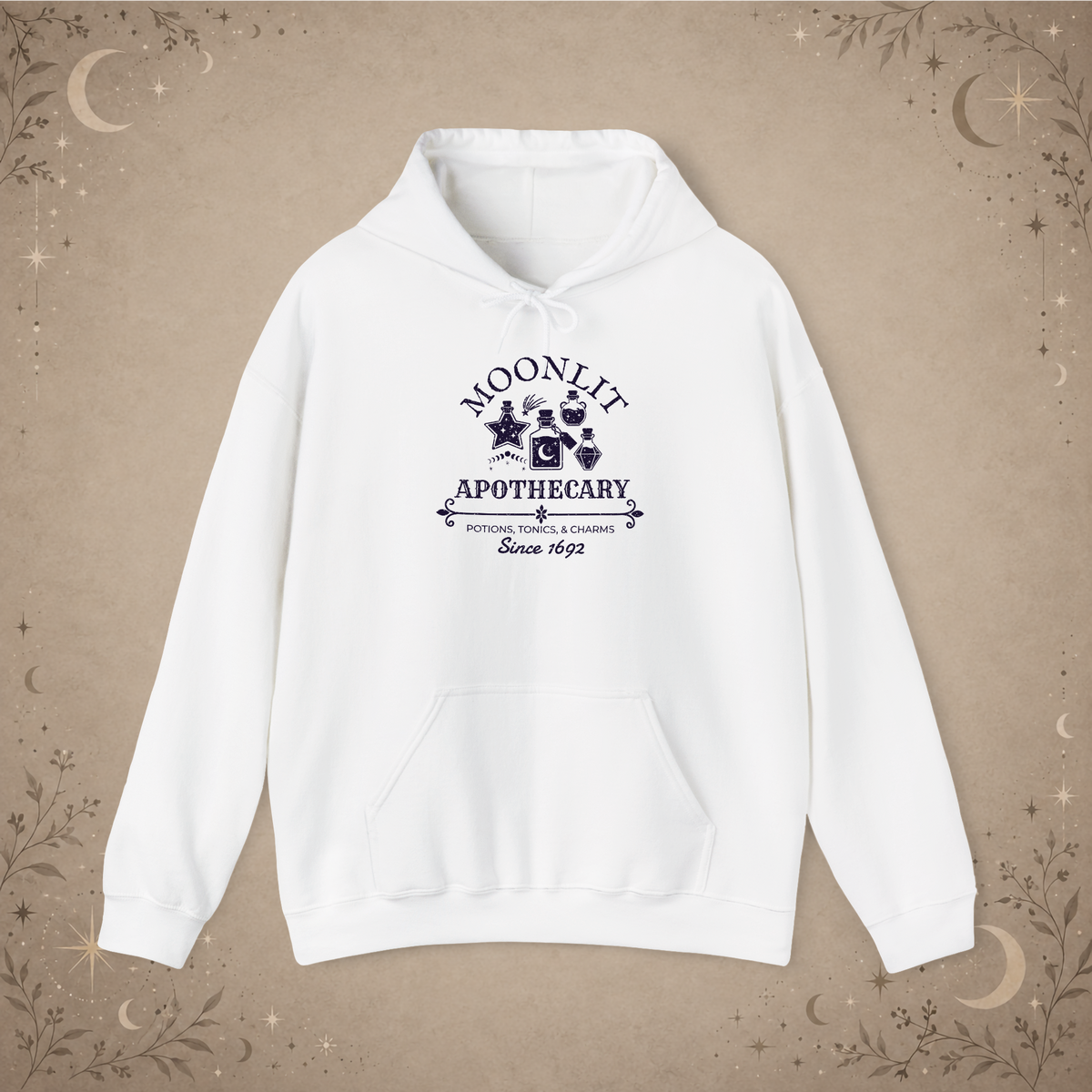 Moonlit Apothecary hoodie in white, front view