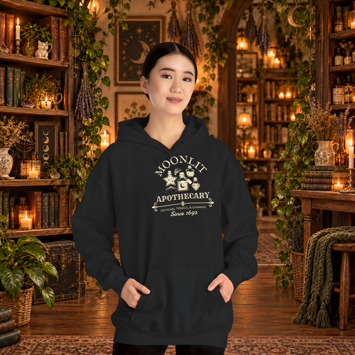 Moonlit Apothecary hoodie in black, model mockup