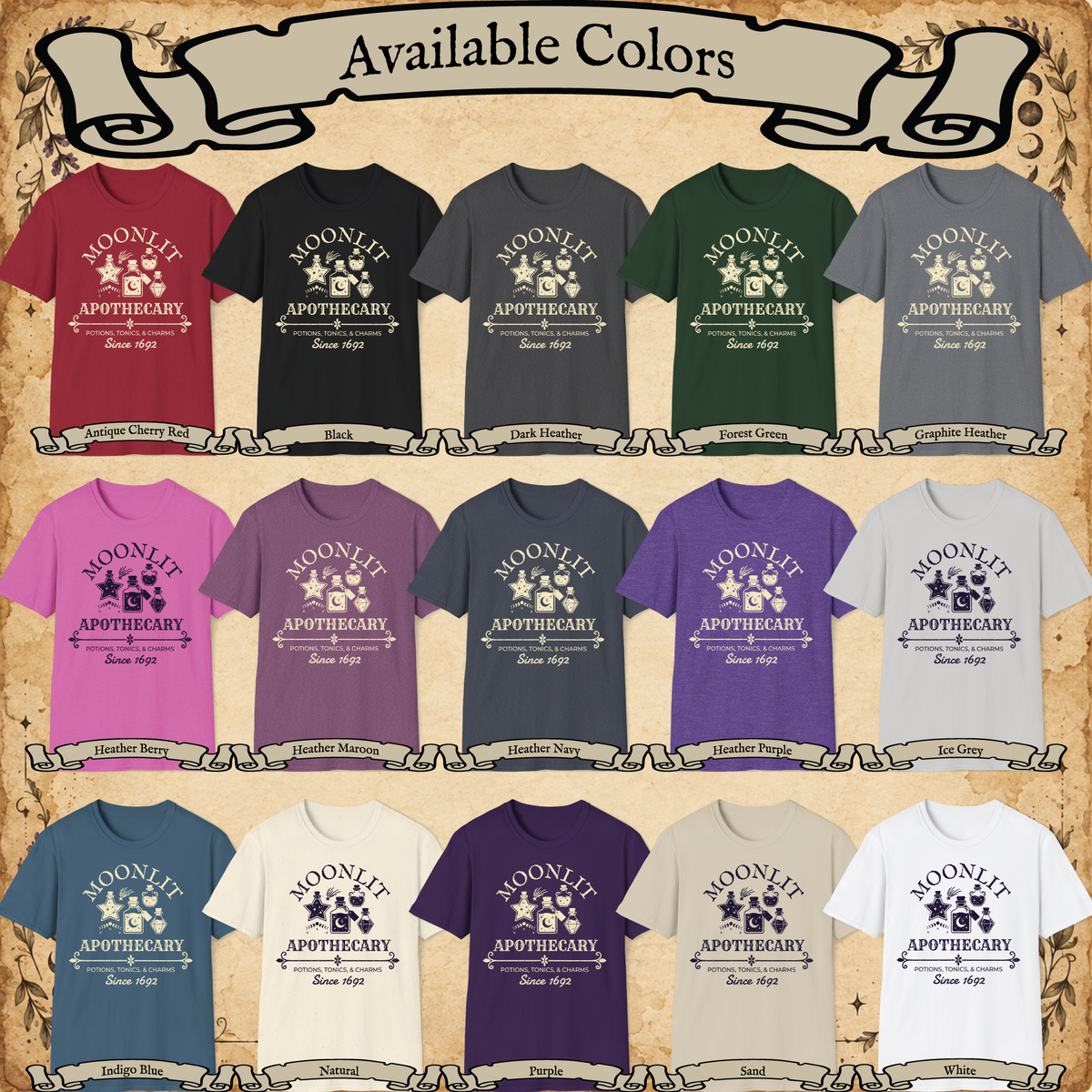 Moonlit Apothecary graphic tee available colors