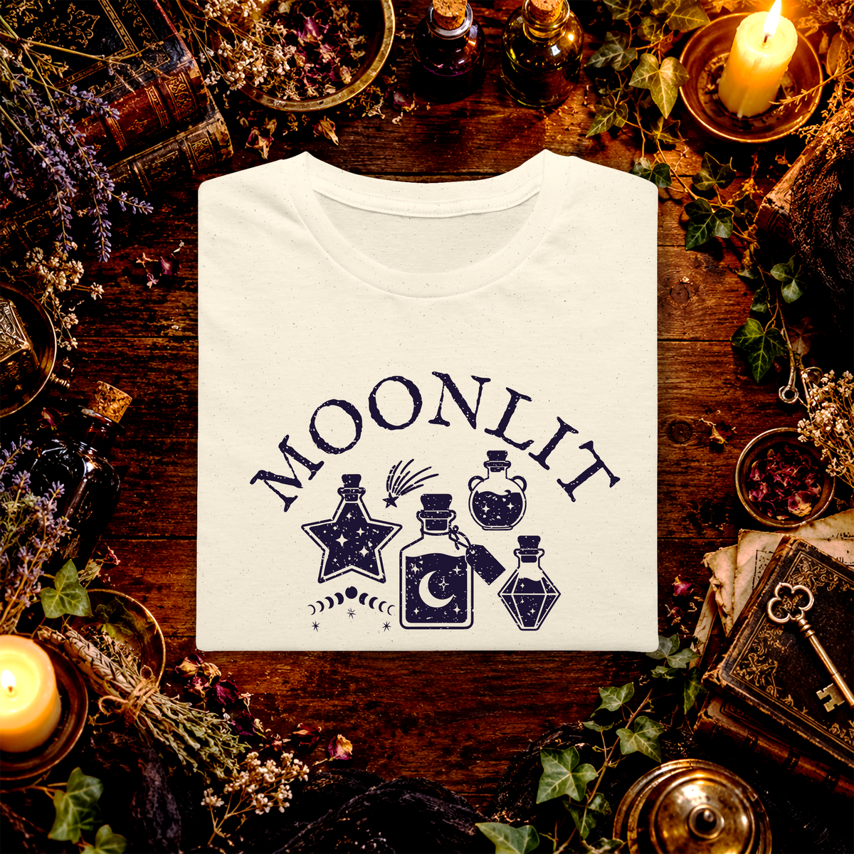 Moonlit Apothecary folded graphic tee mockup