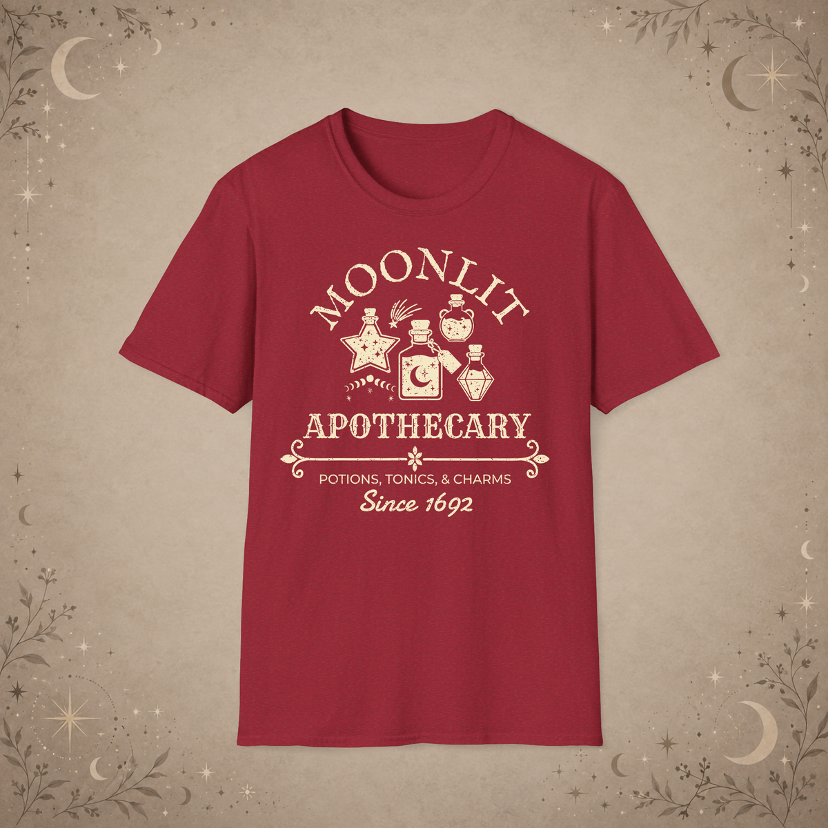 Moonlit Apothecary graphic tee in Antique Cherry Red