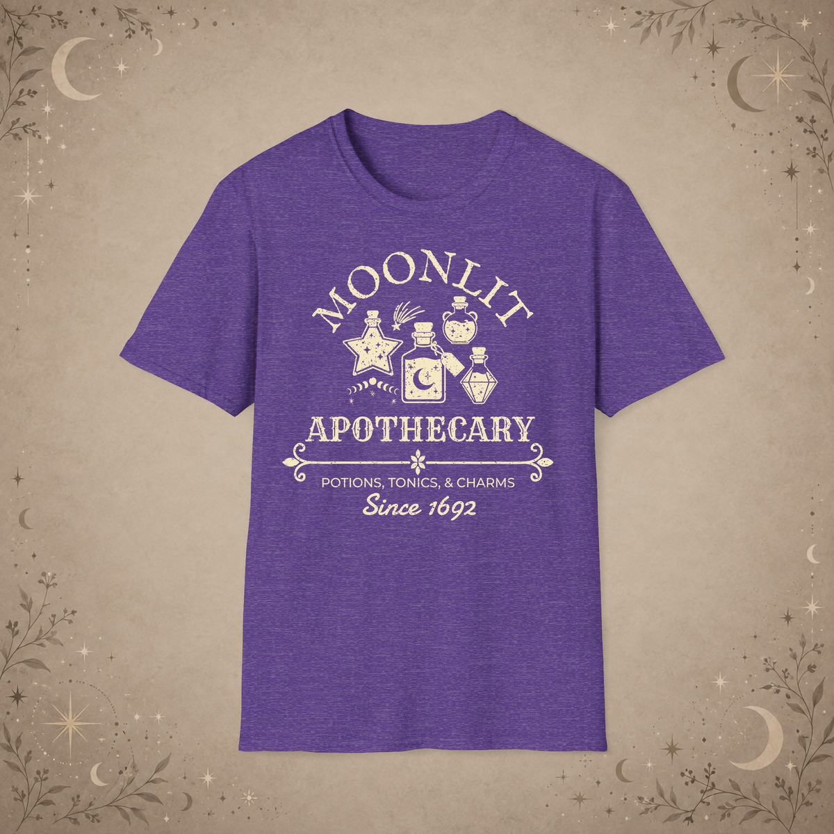 Moonlit Apothecary graphic tee in Heather Purple