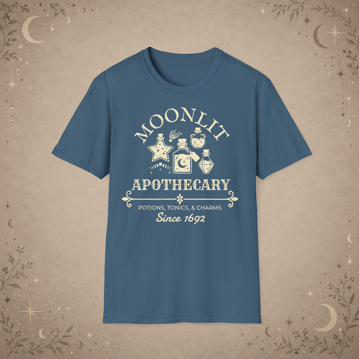 Moonlit Apothecary graphic tee in Indigo Blue