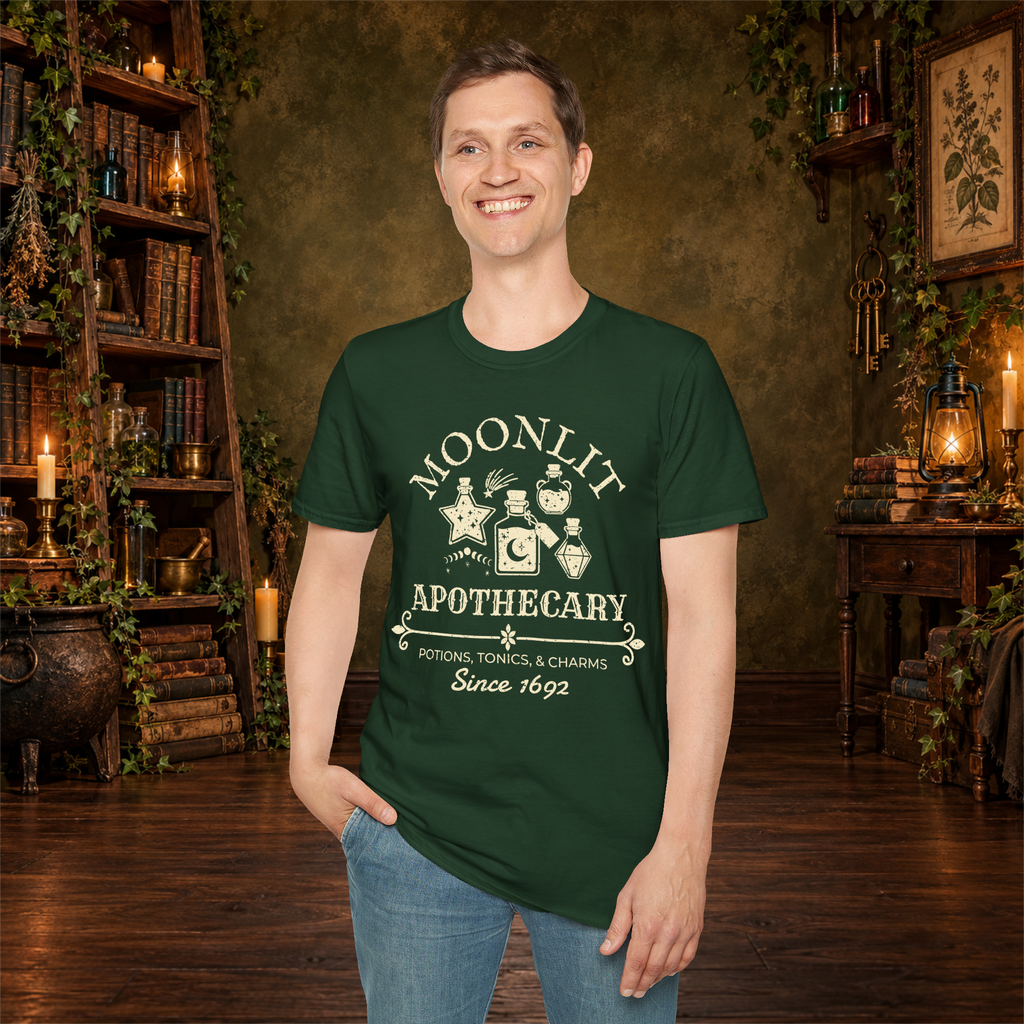 Moonlit Apothecary graphic tee on standing man