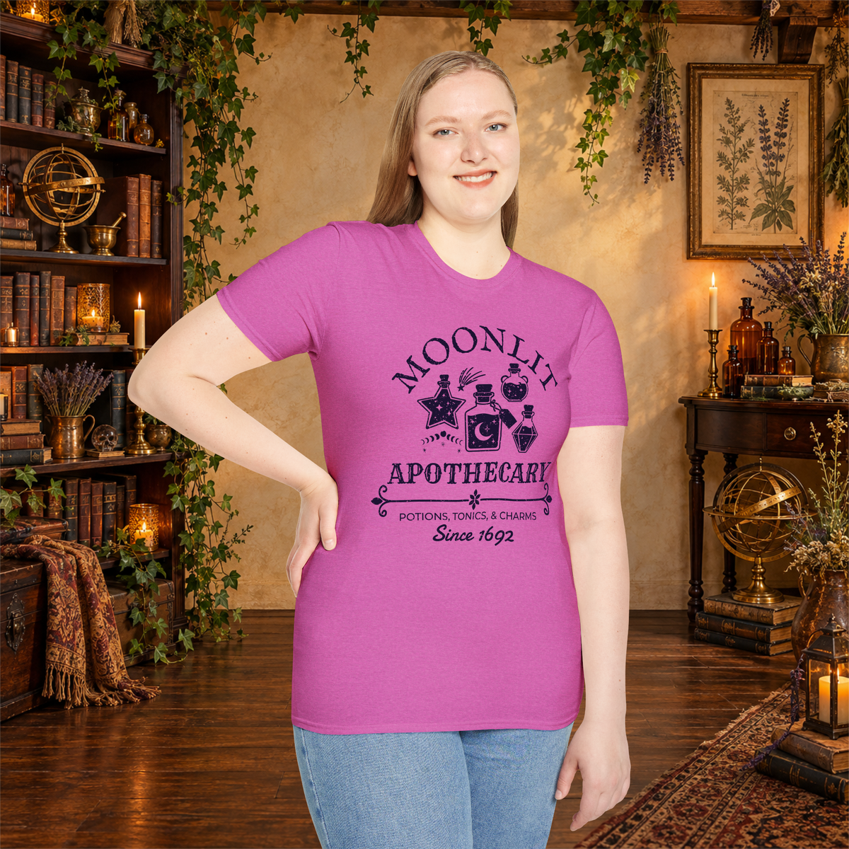 Moonlit Apothecary graphic tee on standing woman