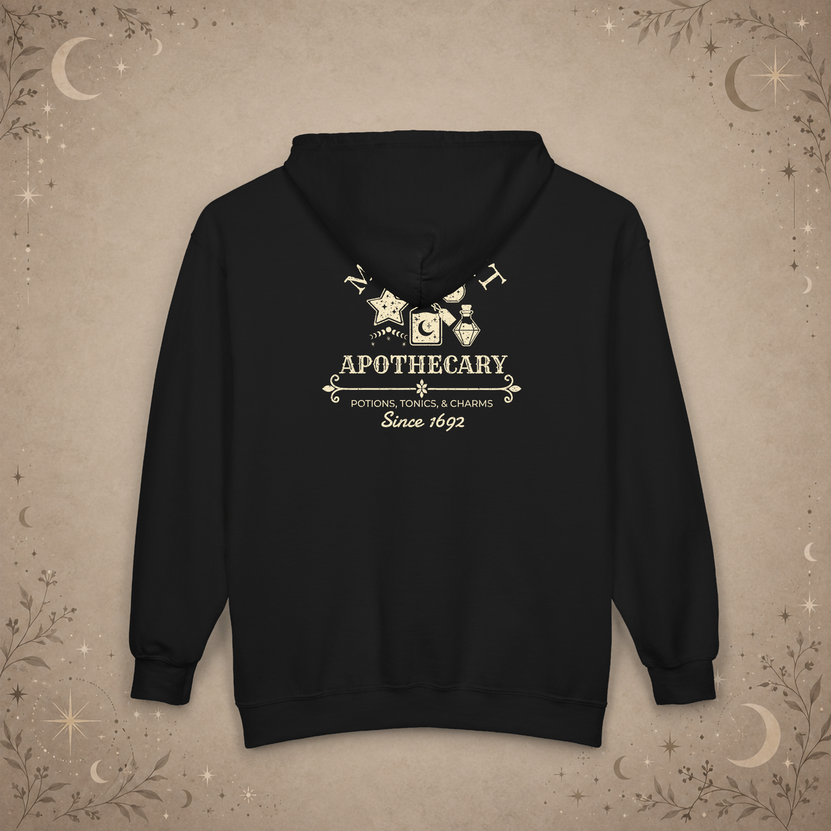 Moonlit Apothecary full-zip hoodie in black, back view