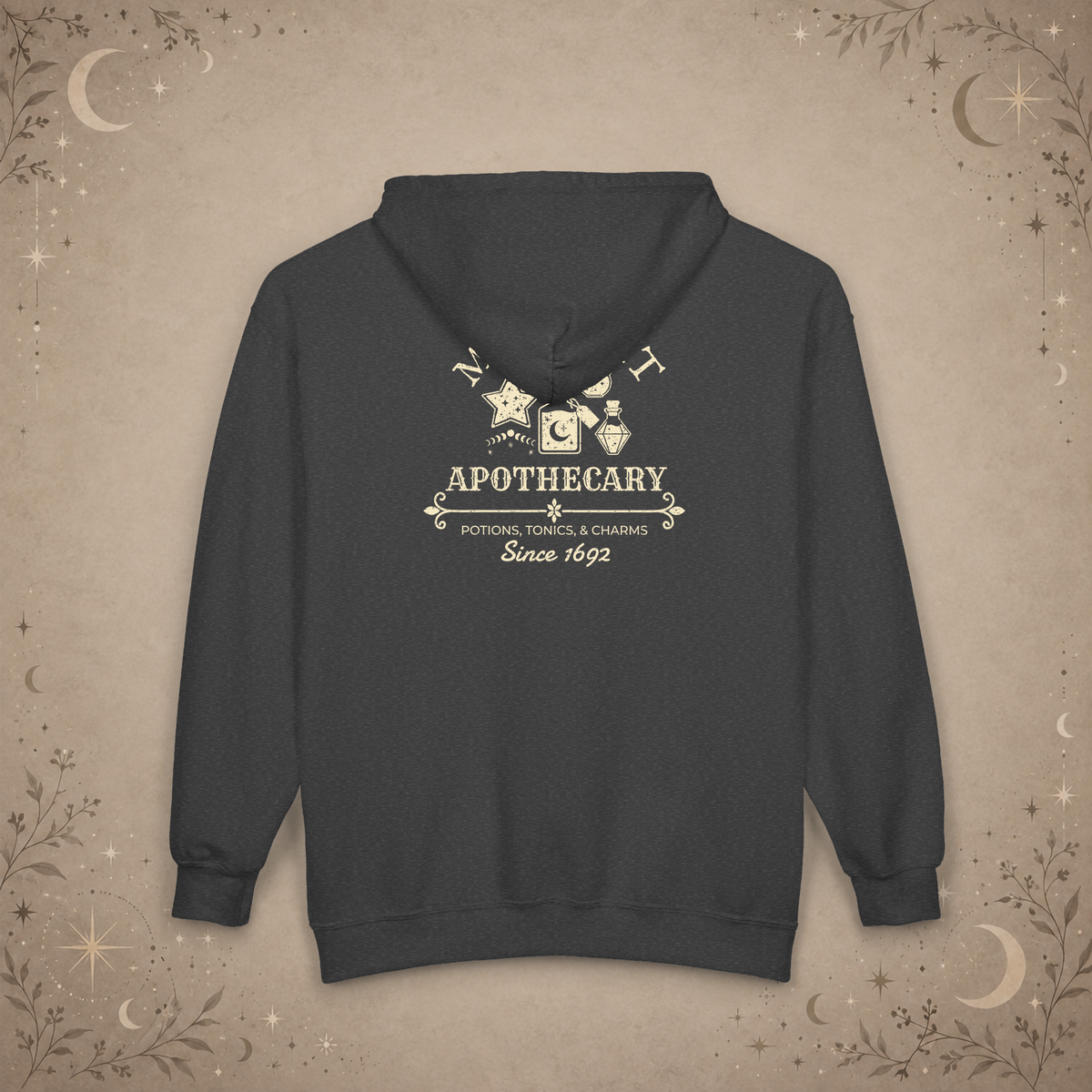 Moonlit Apothecary full-zip hoodie in dark heather, back view