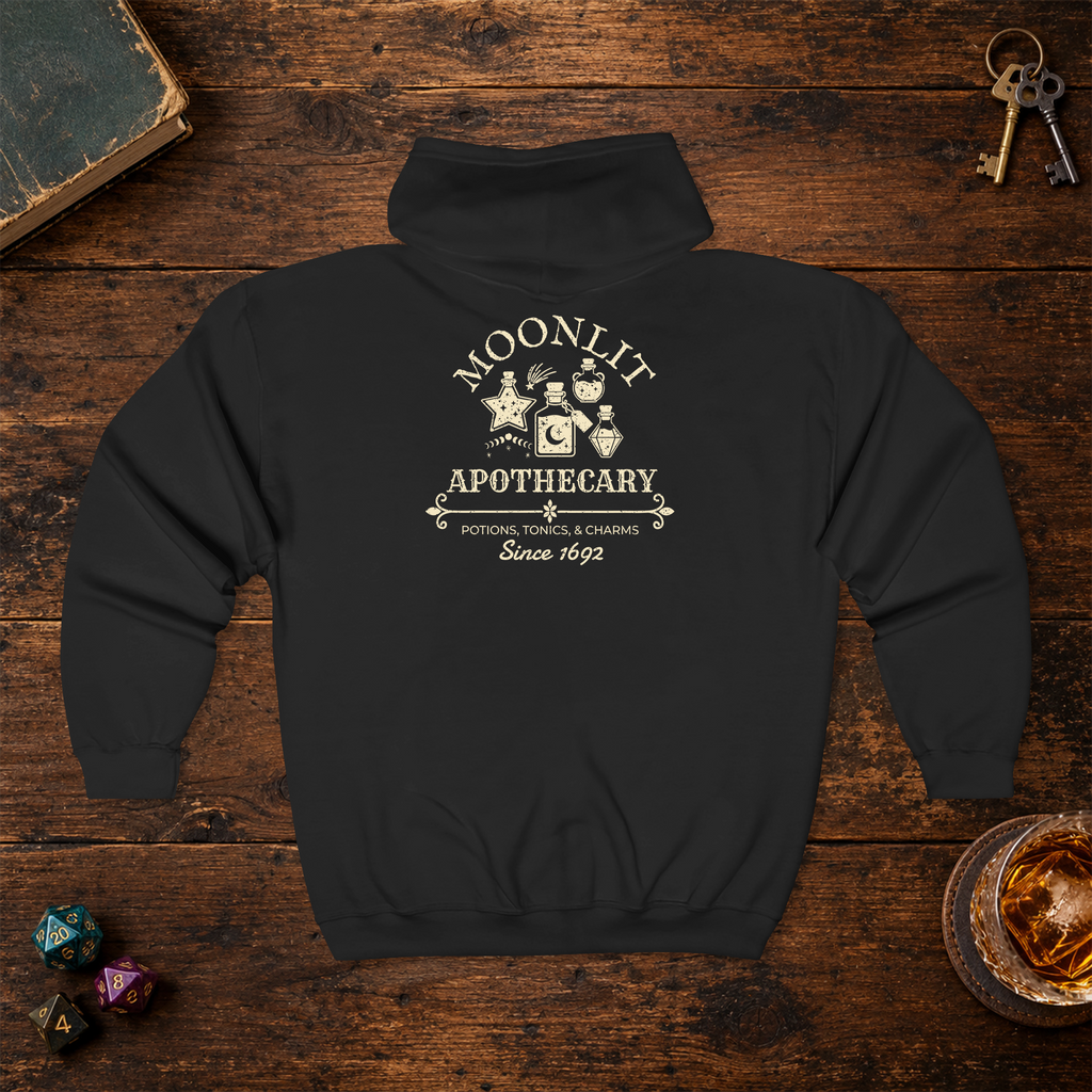 Moonlit Apothecary full-zip hoodie in black, back lay-flat mockup