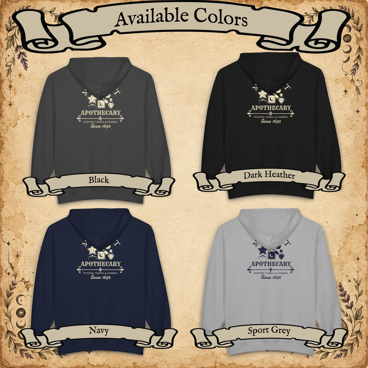 Moonlit Apothecary full-zip hoodie available colors
