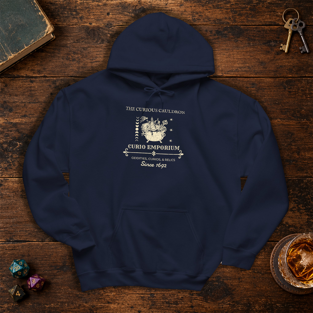 The Curious Cauldron hoodie in Navy, back lay-flat mockup
