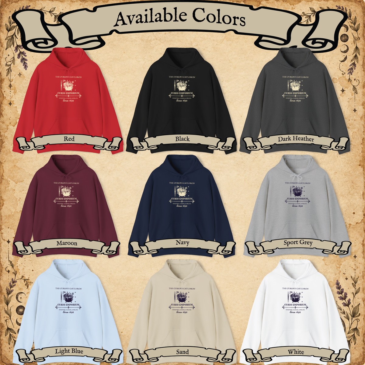 The Curious Cauldron pullover hoodie available colors