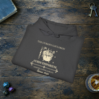 The Curious Cauldron hoodie in Dark Heather, folded mockup