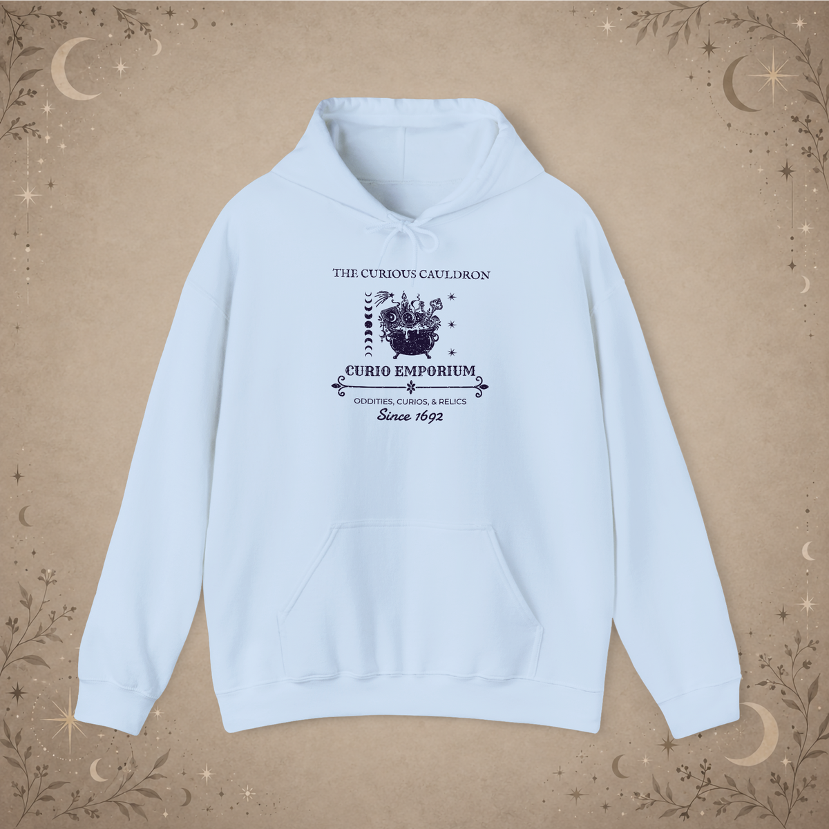 The Curious Cauldron hoodie in Light Blue, front view
