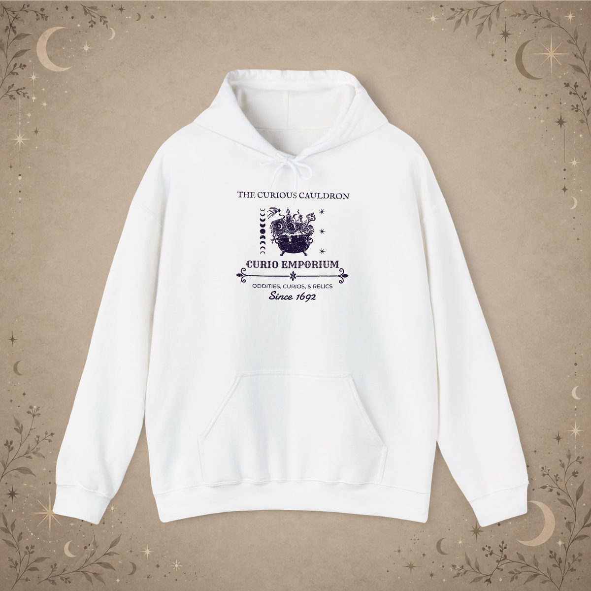 The Curious Cauldron hoodie in White, front view