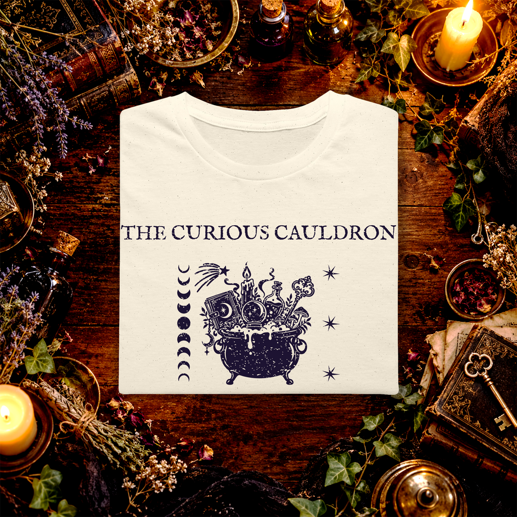 The Curious Cauldron folded graphic tee mockup