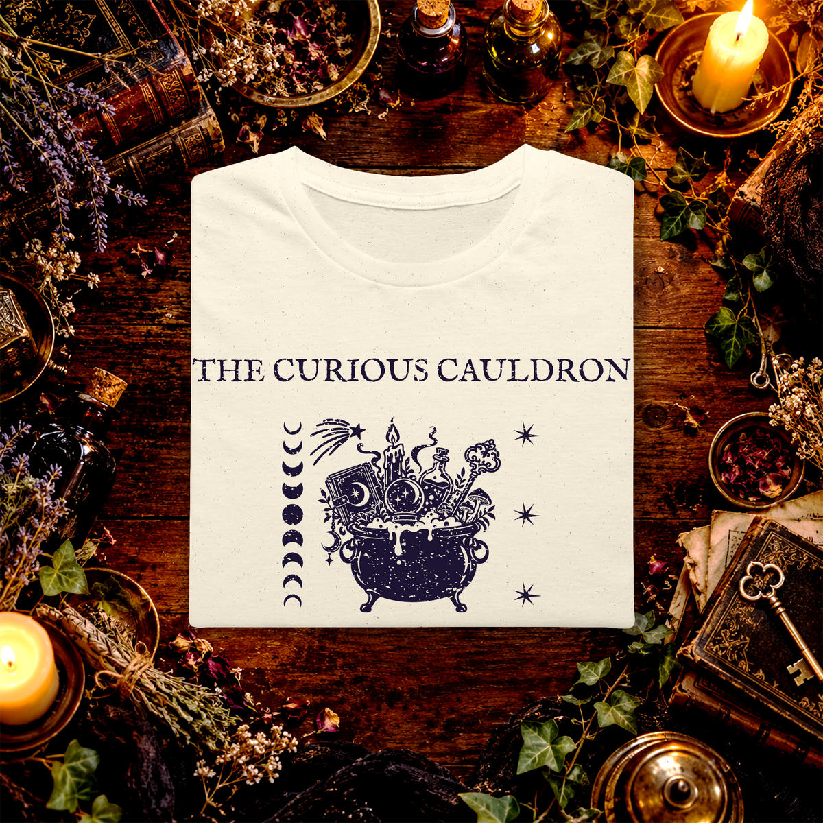 The Curious Cauldron folded graphic tee mockup