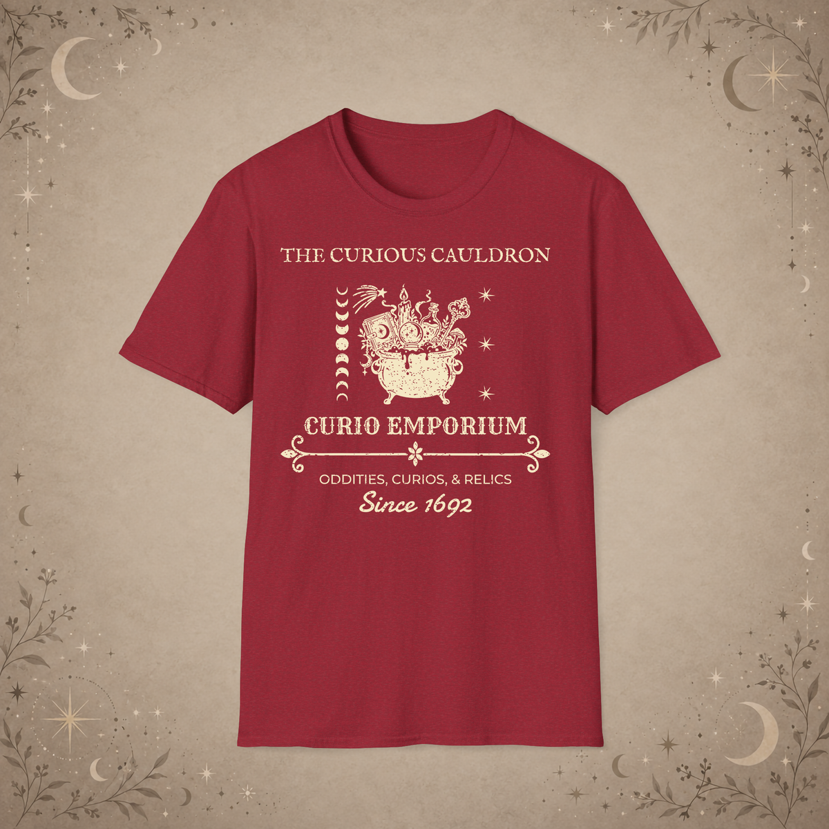 The Curious Cauldron graphic tee in Antique Cherry Red