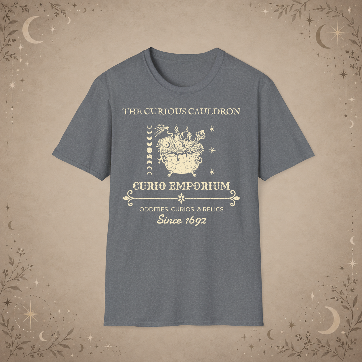 The Curious Cauldron graphic tee in Graphite Heather