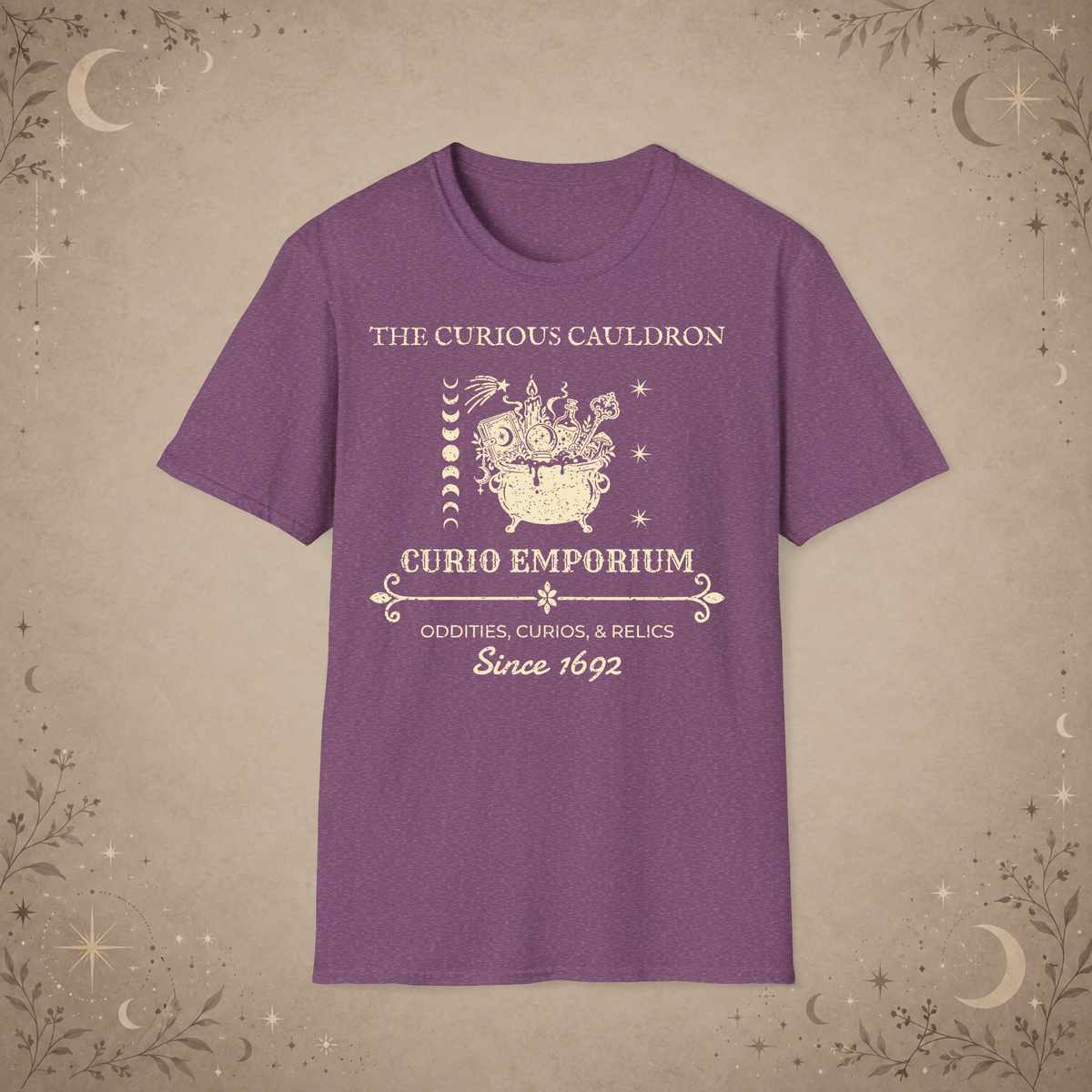 The Curious Cauldron graphic tee in Heather Maroon