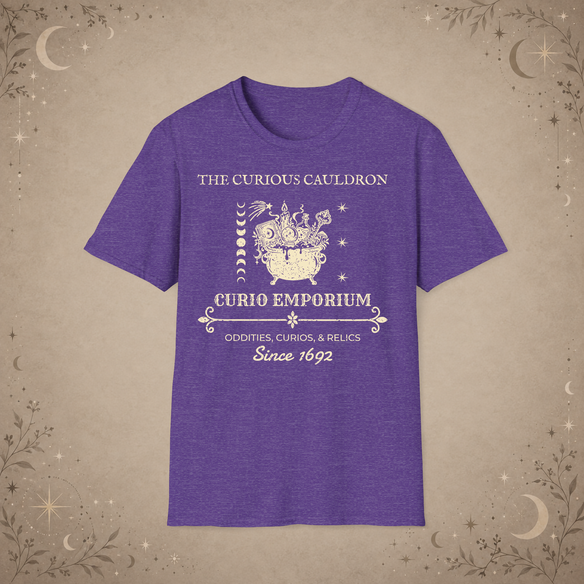 The Curious Cauldron graphic tee in Heather Purple