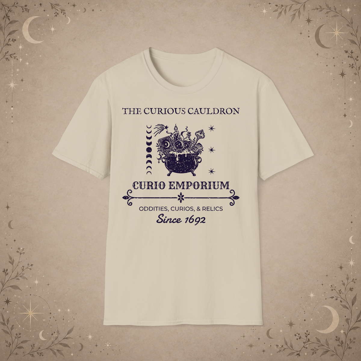 The Curious Cauldron graphic tee in Sand